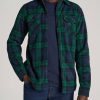 Men American Tall Button Shirts | Sherpa-Lined Fleece Overshirt For Tall Men In Dark Blue & Green Plaid