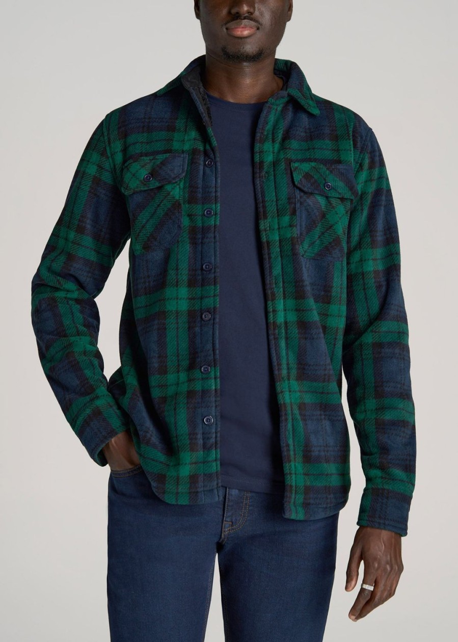 Men American Tall Button Shirts | Sherpa-Lined Fleece Overshirt For Tall Men In Dark Blue & Green Plaid