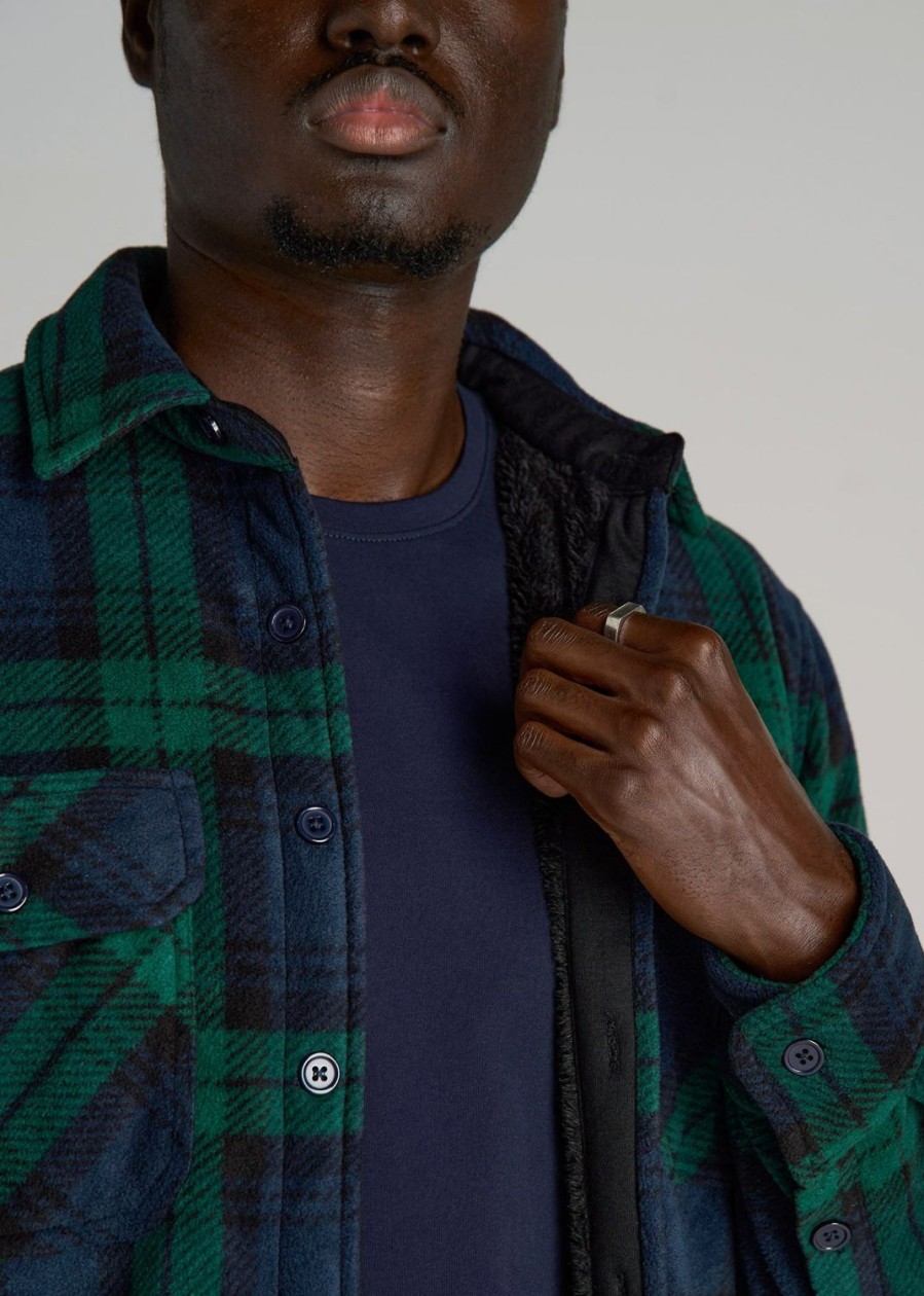 Men American Tall Button Shirts | Sherpa-Lined Fleece Overshirt For Tall Men In Dark Blue & Green Plaid