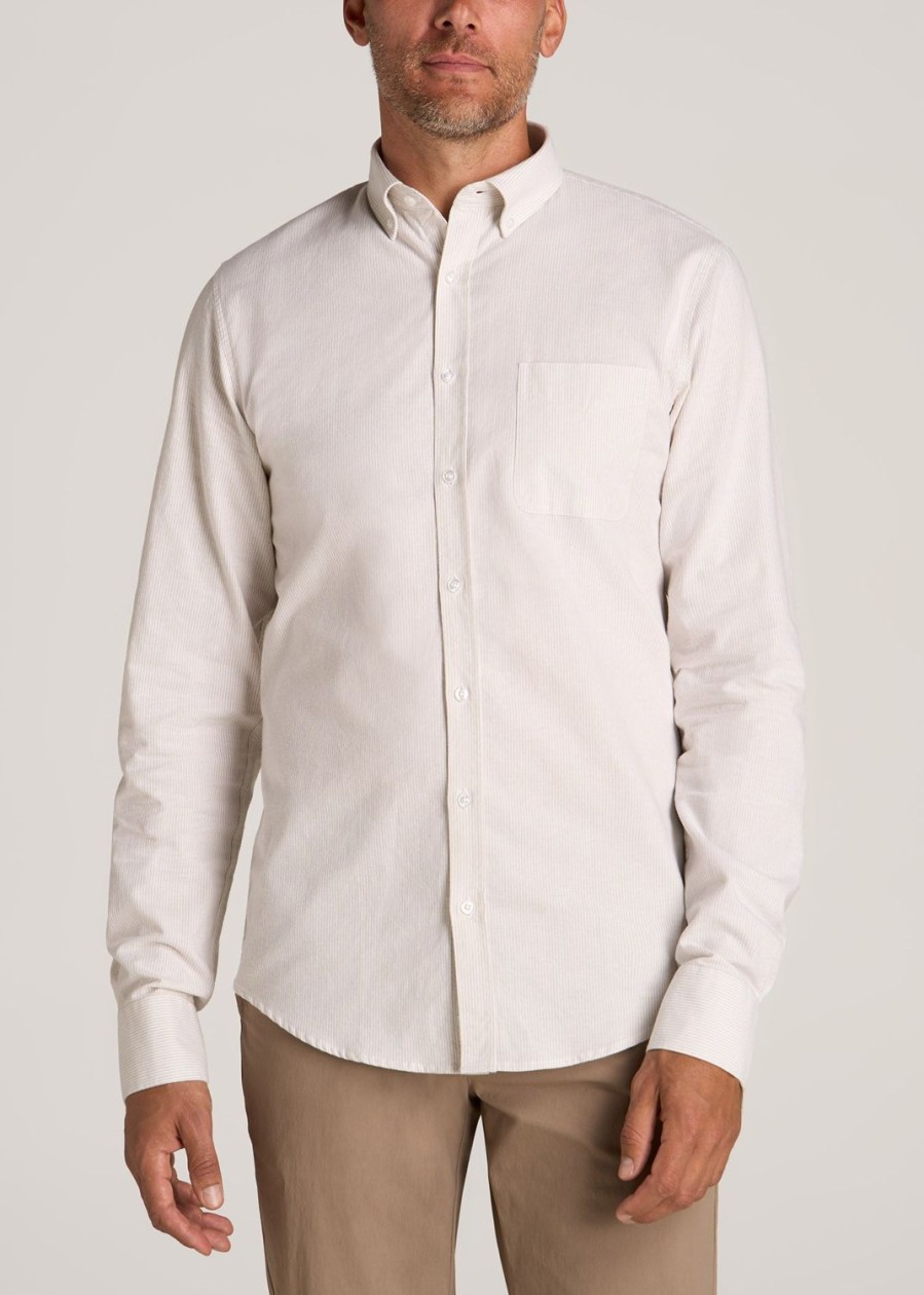 Men American Tall Button Shirts | Washed Oxford Shirt For Tall Men In Taupe Mini-Stripe