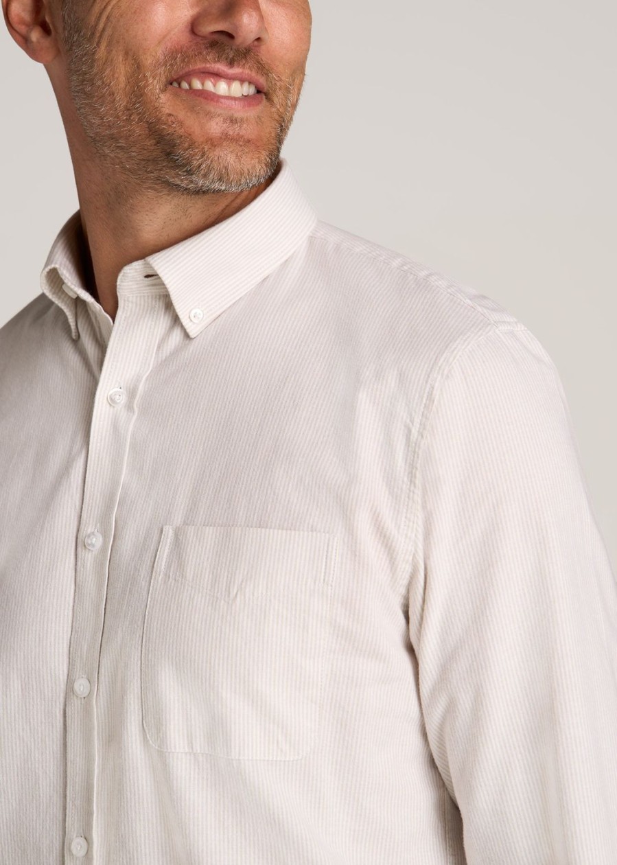 Men American Tall Button Shirts | Washed Oxford Shirt For Tall Men In Taupe Mini-Stripe