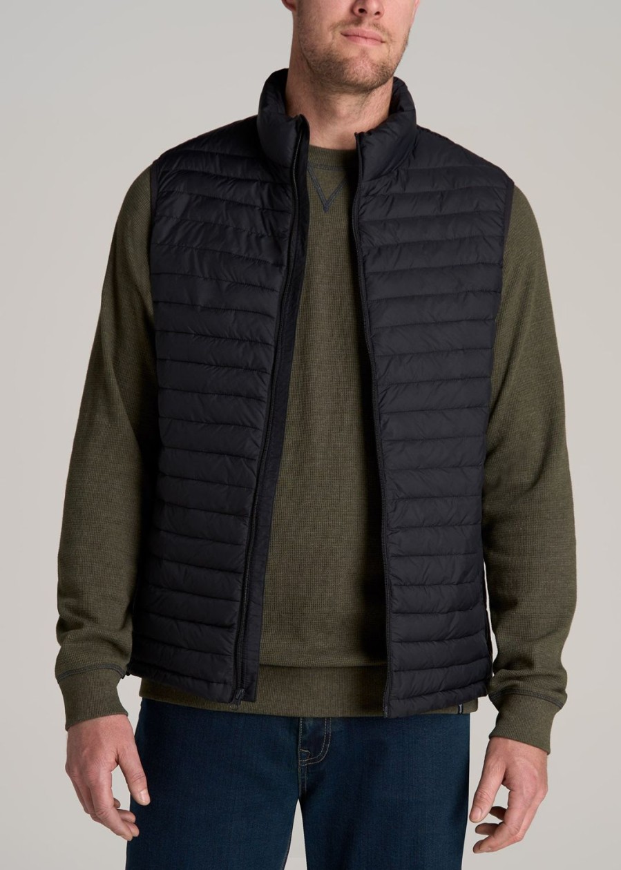 Men American Tall Jackets + Coats | Tall Men'S Packable Puffer Vest In Black