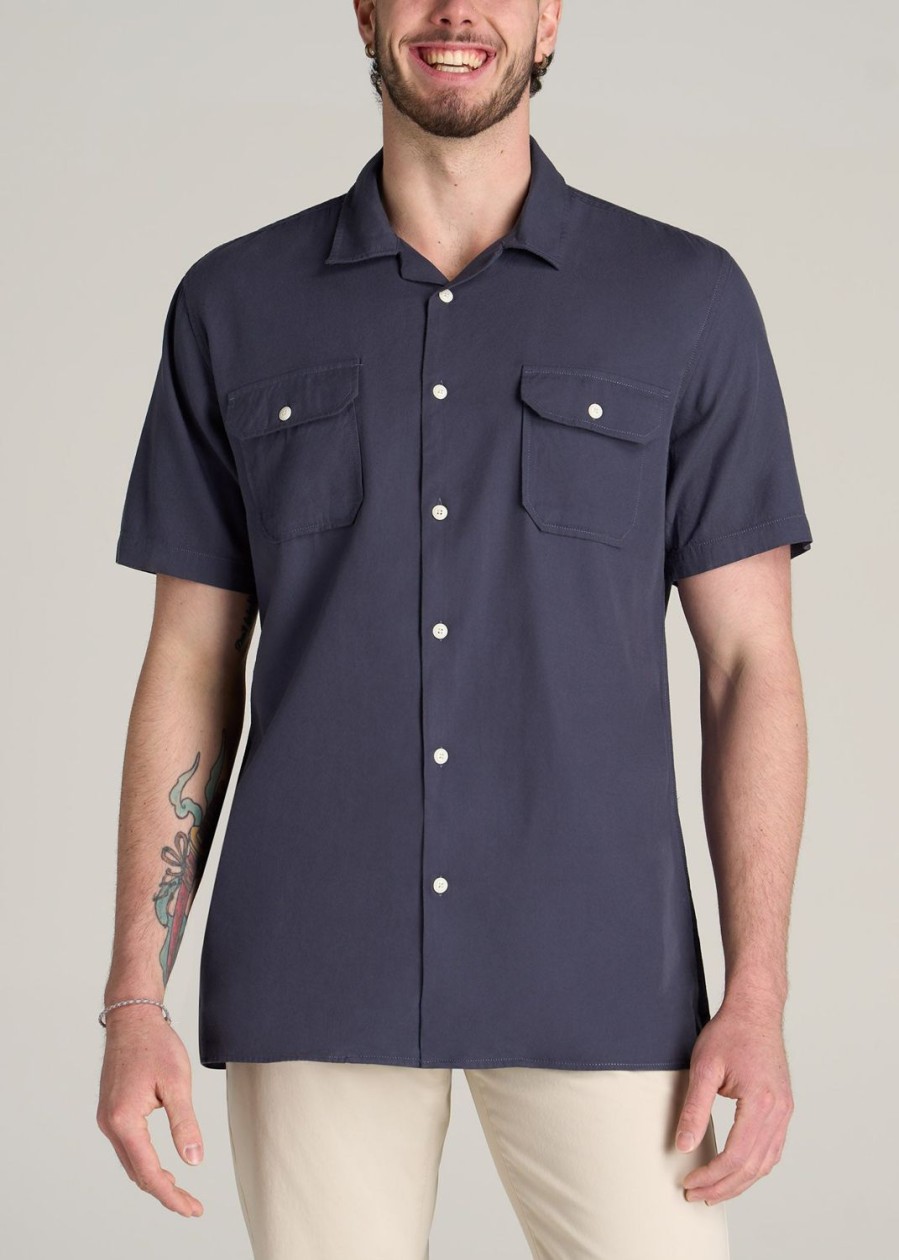 Men American Tall Button Shirts | Lj&S Two-Pocket Camp Shirt For Tall Men In Weathered Navy