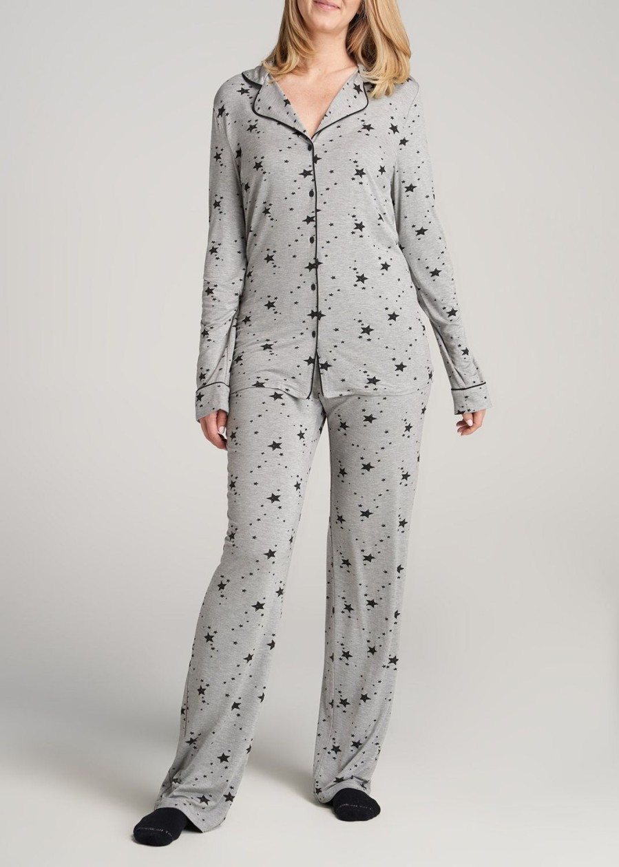 Women American Tall Athletic Pants | Women'S Tall Long Sleeve Pajama Set In Grey With Black Star Print