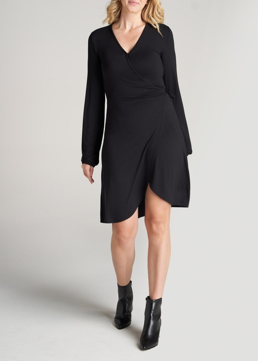 Women American Tall Dresses | Long Sleeve Jersey Wrap Dress For Tall Women In Black