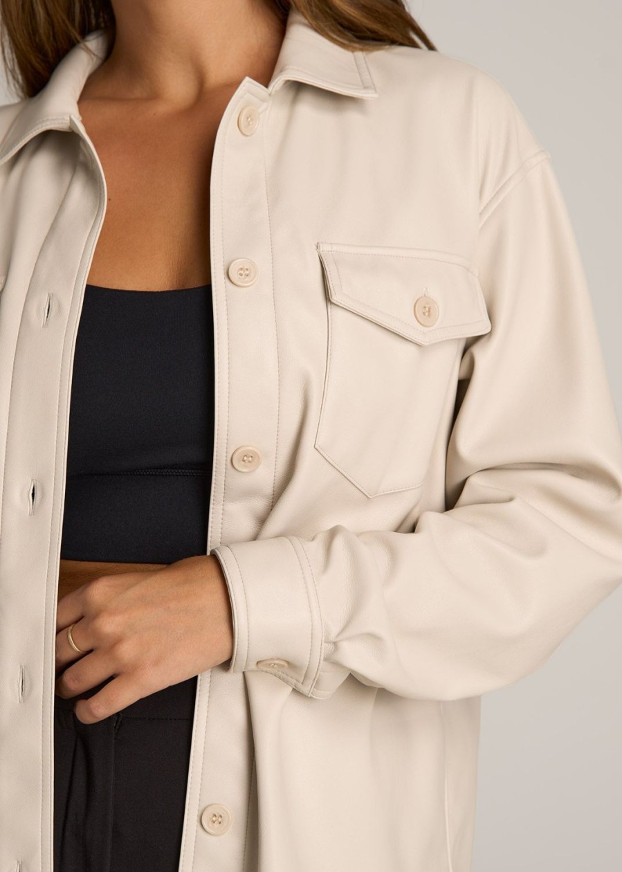 Women American Tall Jackets + Outerwear | Faux Leather Shirt Jacket For Tall Women In Vanilla Latte