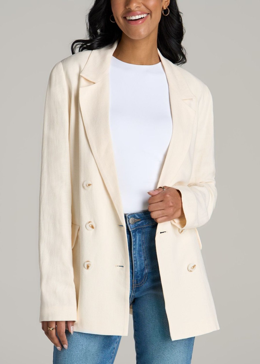 Women American Tall Jackets + Outerwear | Linen Blend Tie Back Blazer For Tall Women In White Alyssum