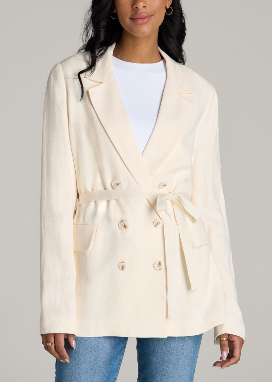 Women American Tall Jackets + Outerwear | Linen Blend Tie Back Blazer For Tall Women In White Alyssum