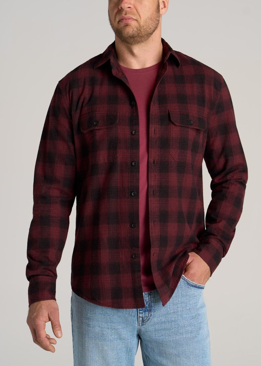 Men American Tall Button Shirts | Lj&S Men'S Tall Heavy Flannel Shirt In Army Plaid-Black & Sumac Red