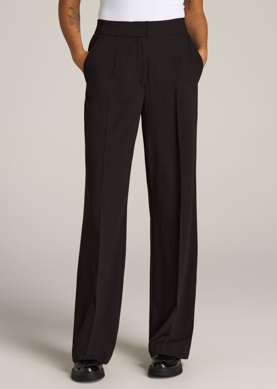 Women American Tall Pants + Trousers | Flat Front Wide Leg Dress Pants For Tall Women In Black