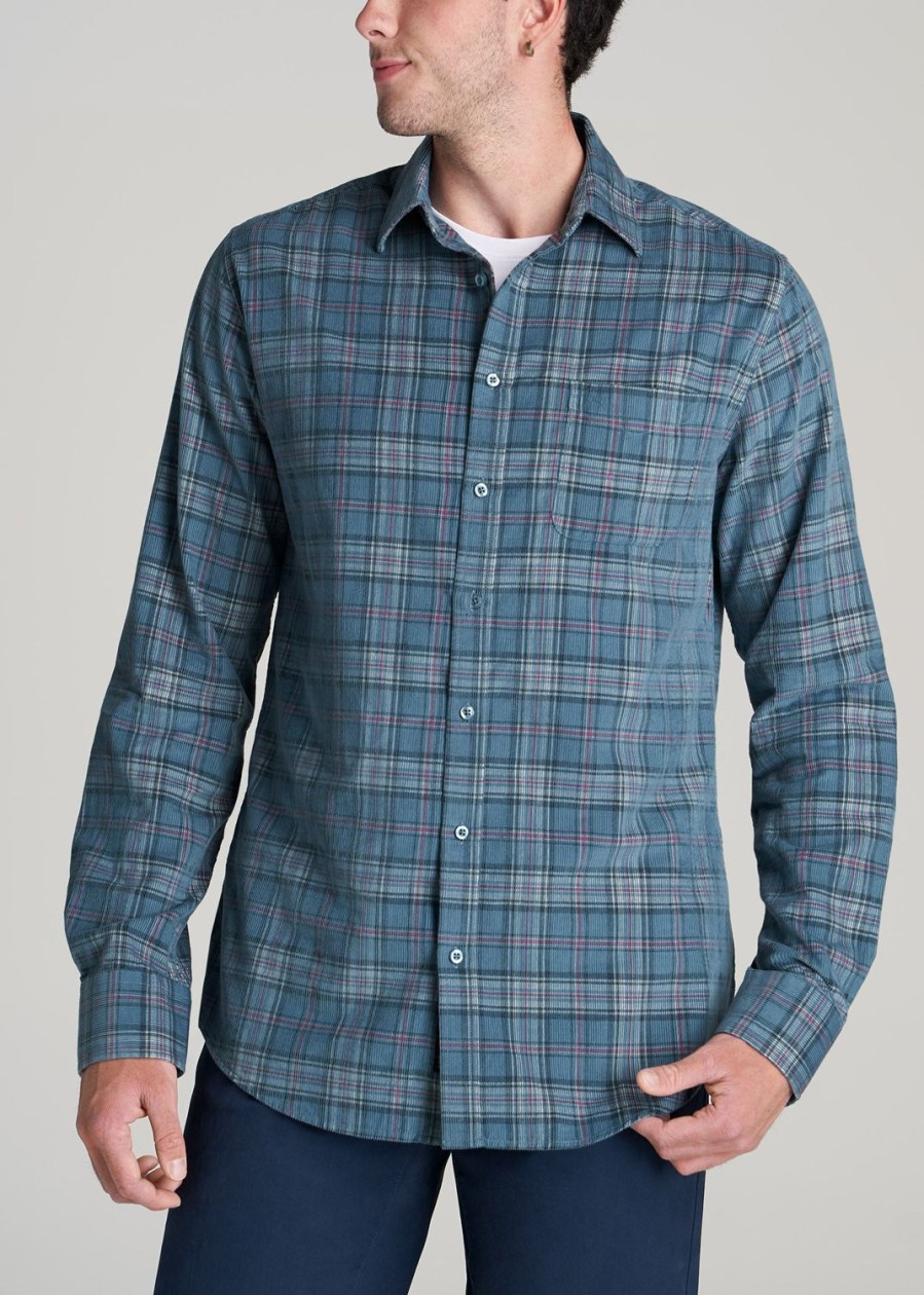 Men American Tall Button Shirts | Baby Wale Corduroy Shirt For Tall Men In Medium Blue & Red Plaid