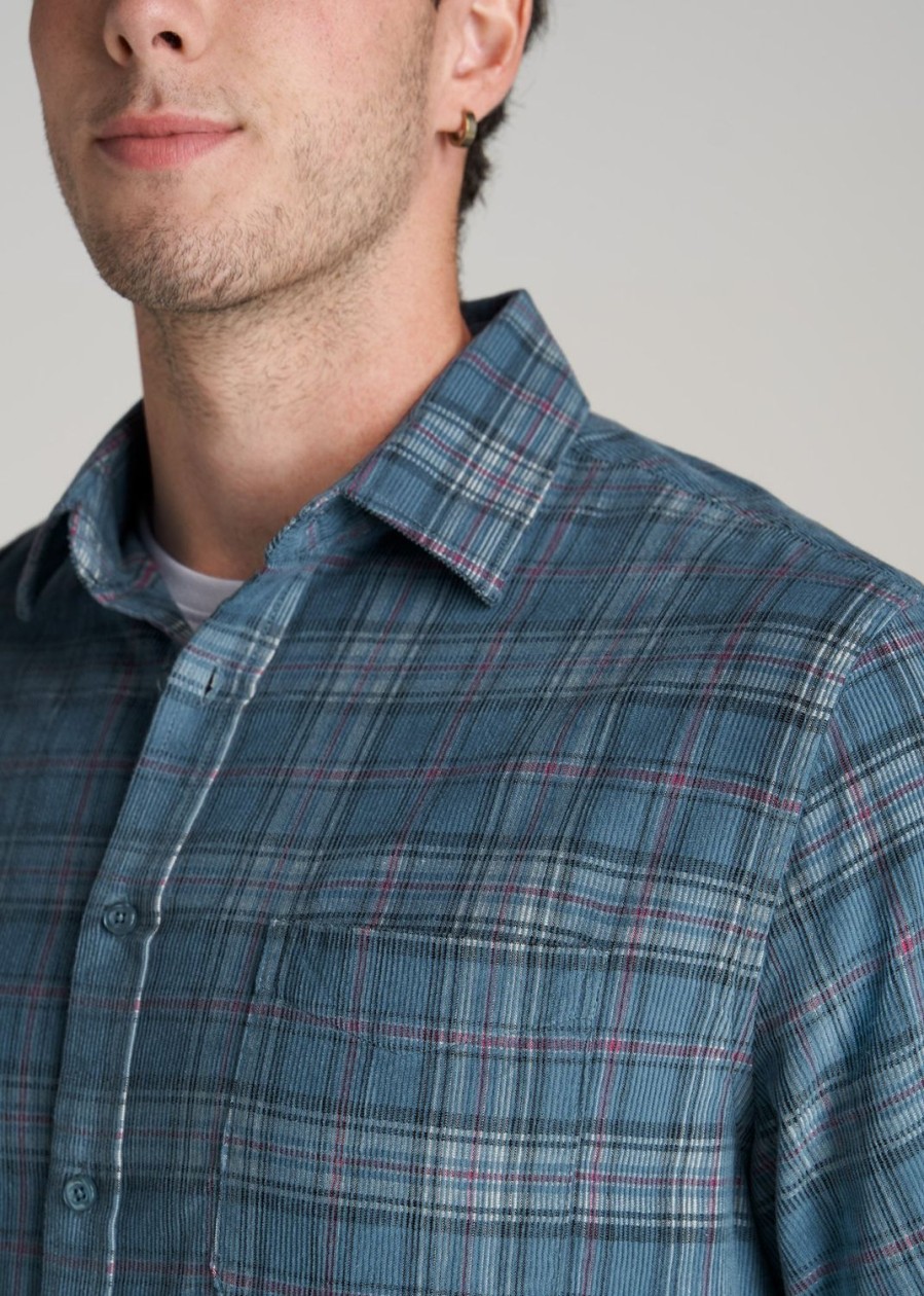 Men American Tall Button Shirts | Baby Wale Corduroy Shirt For Tall Men In Medium Blue & Red Plaid