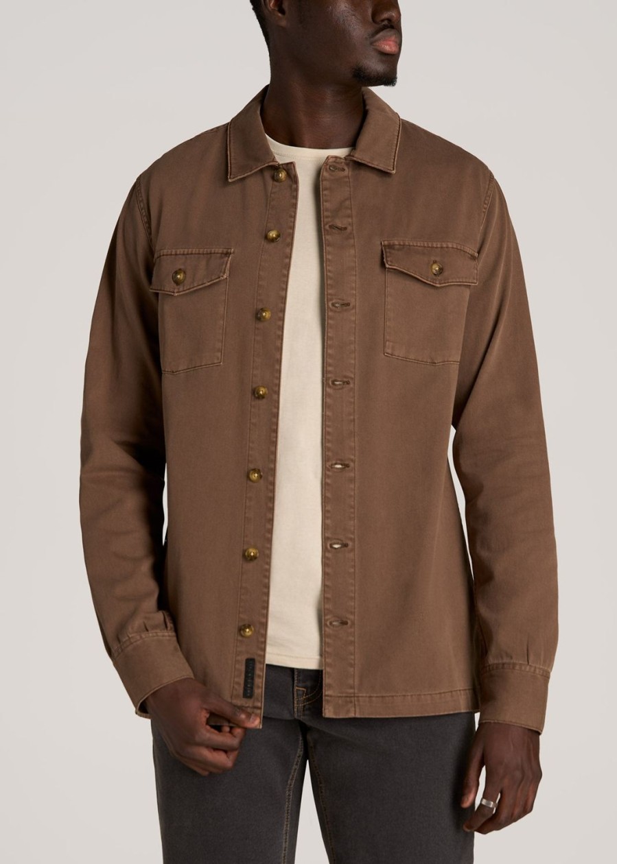 Men American Tall Button Shirts | Garment Dyed Lightweight Overshirt For Tall Men In Tobacco Brown