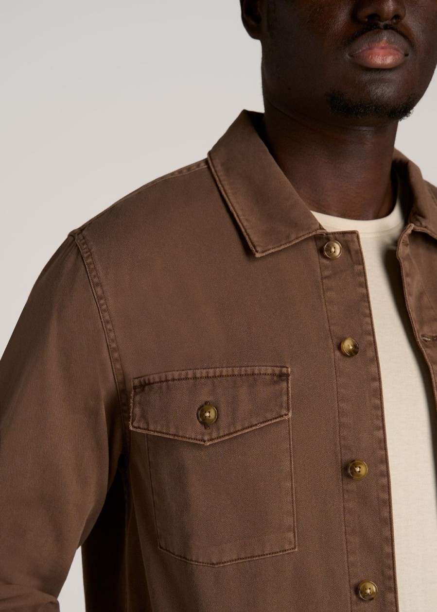 Men American Tall Button Shirts | Garment Dyed Lightweight Overshirt For Tall Men In Tobacco Brown