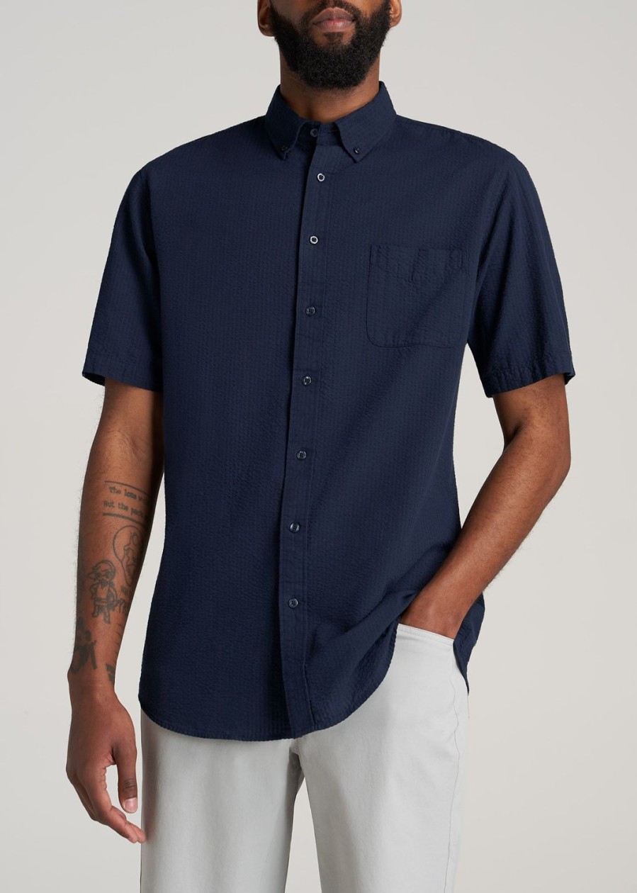 Men American Tall Button Shirts | Seersucker Tall Men'S Short Sleeve Shirt In Navy