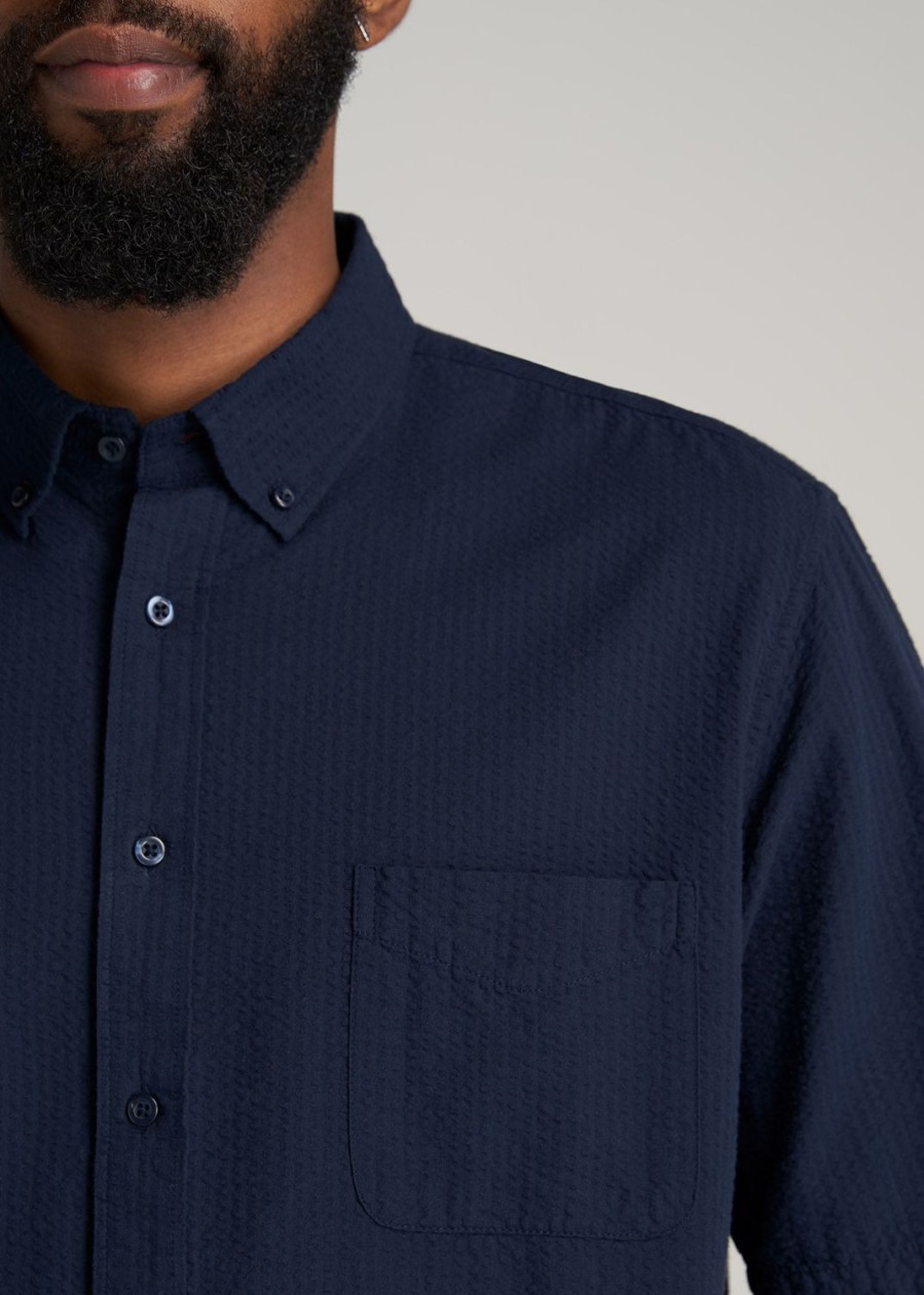 Men American Tall Button Shirts | Seersucker Tall Men'S Short Sleeve Shirt In Navy