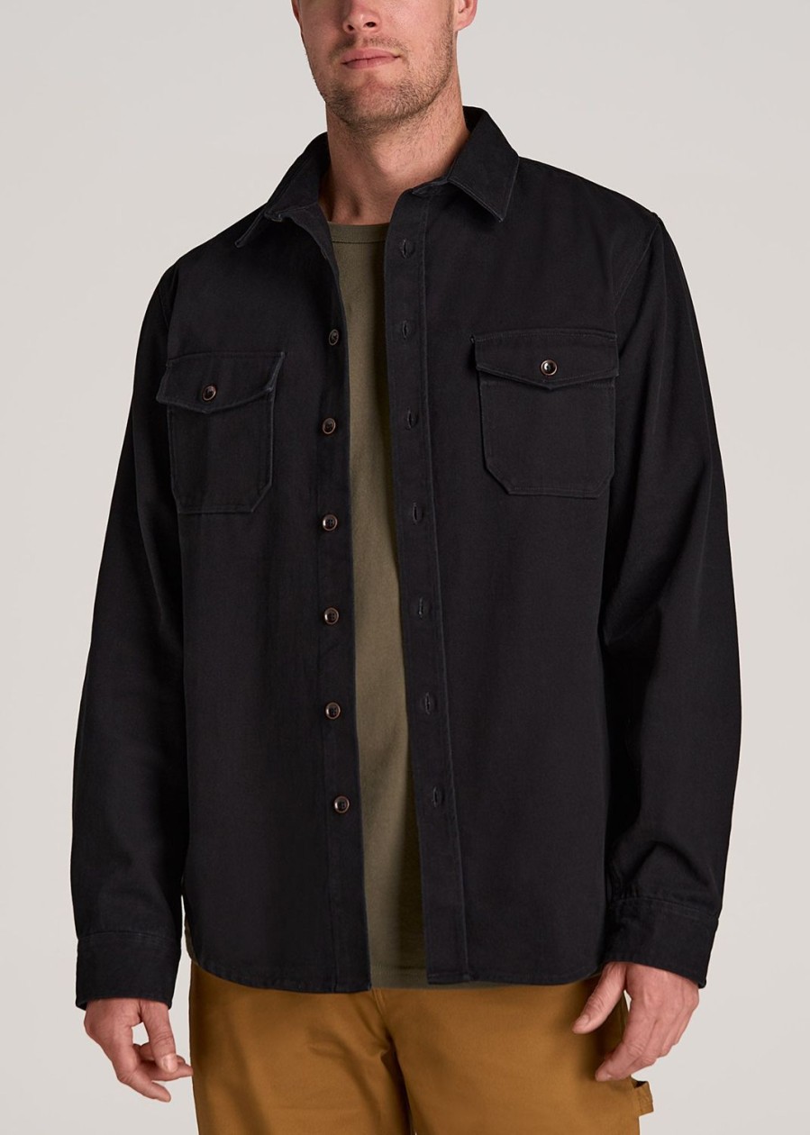 Men American Tall Button Shirts | Lj&S Heavyweight Cotton Twill Overshirt For Tall Men In Vintage Black