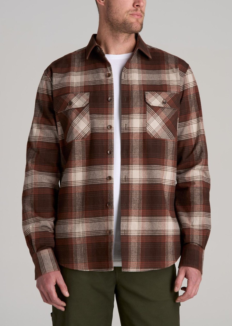 Men American Tall Button Shirts | Lj&S Rugged Plaid Shirt Men'S In Dark Brown And Beige Plaid