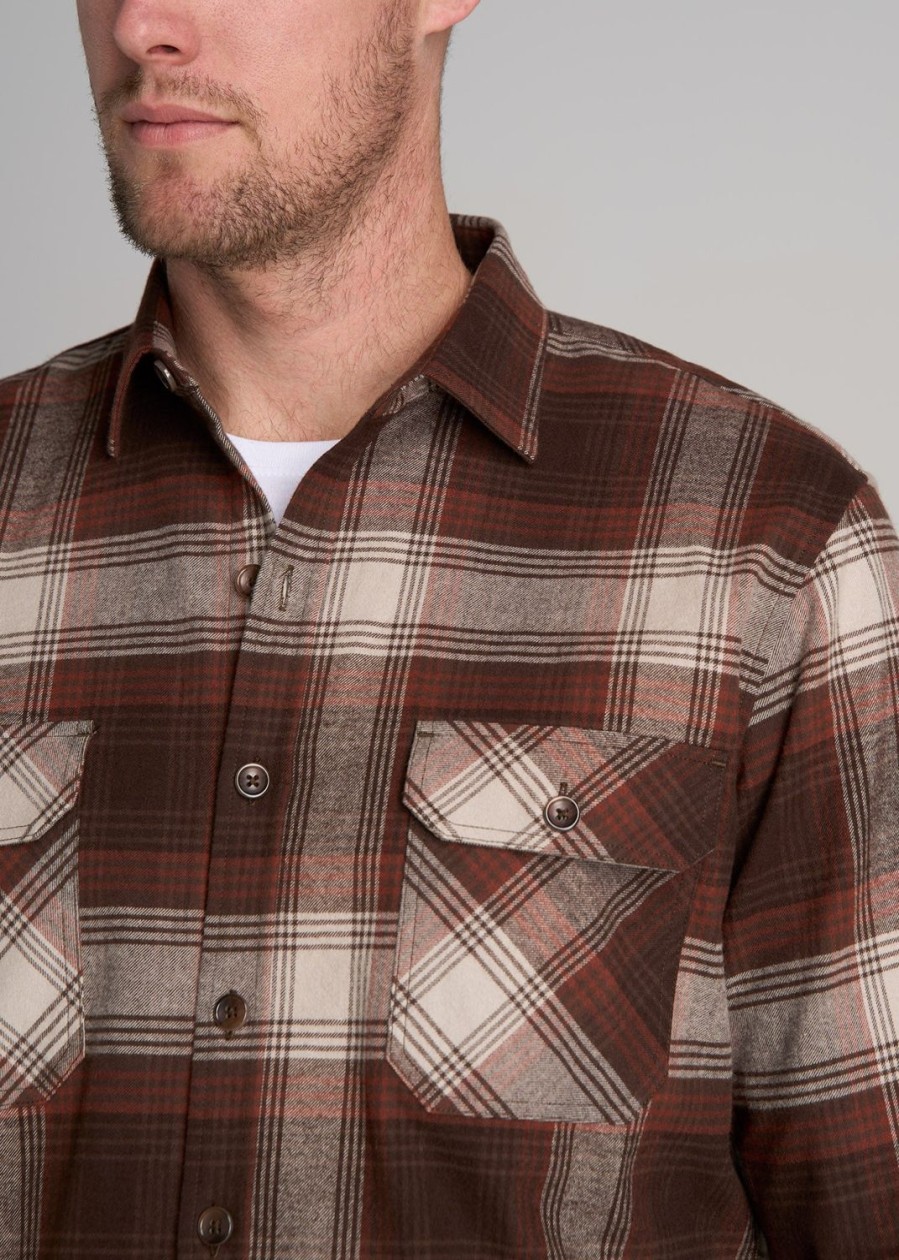 Men American Tall Button Shirts | Lj&S Rugged Plaid Shirt Men'S In Dark Brown And Beige Plaid