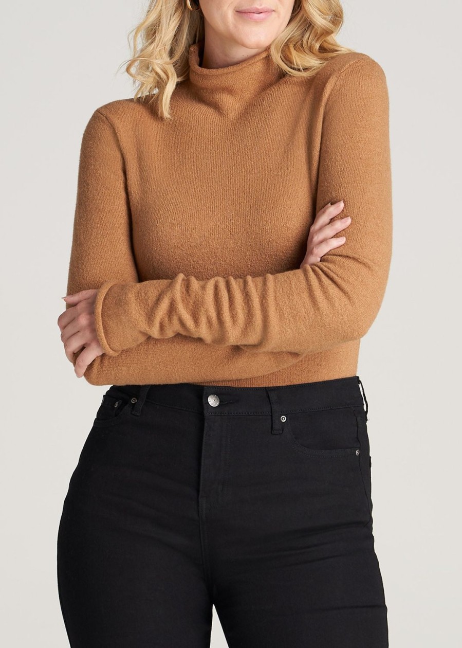 Women American Tall Sweaters | Women'S Tall Rolled Mock Neck Sweater In Caramel