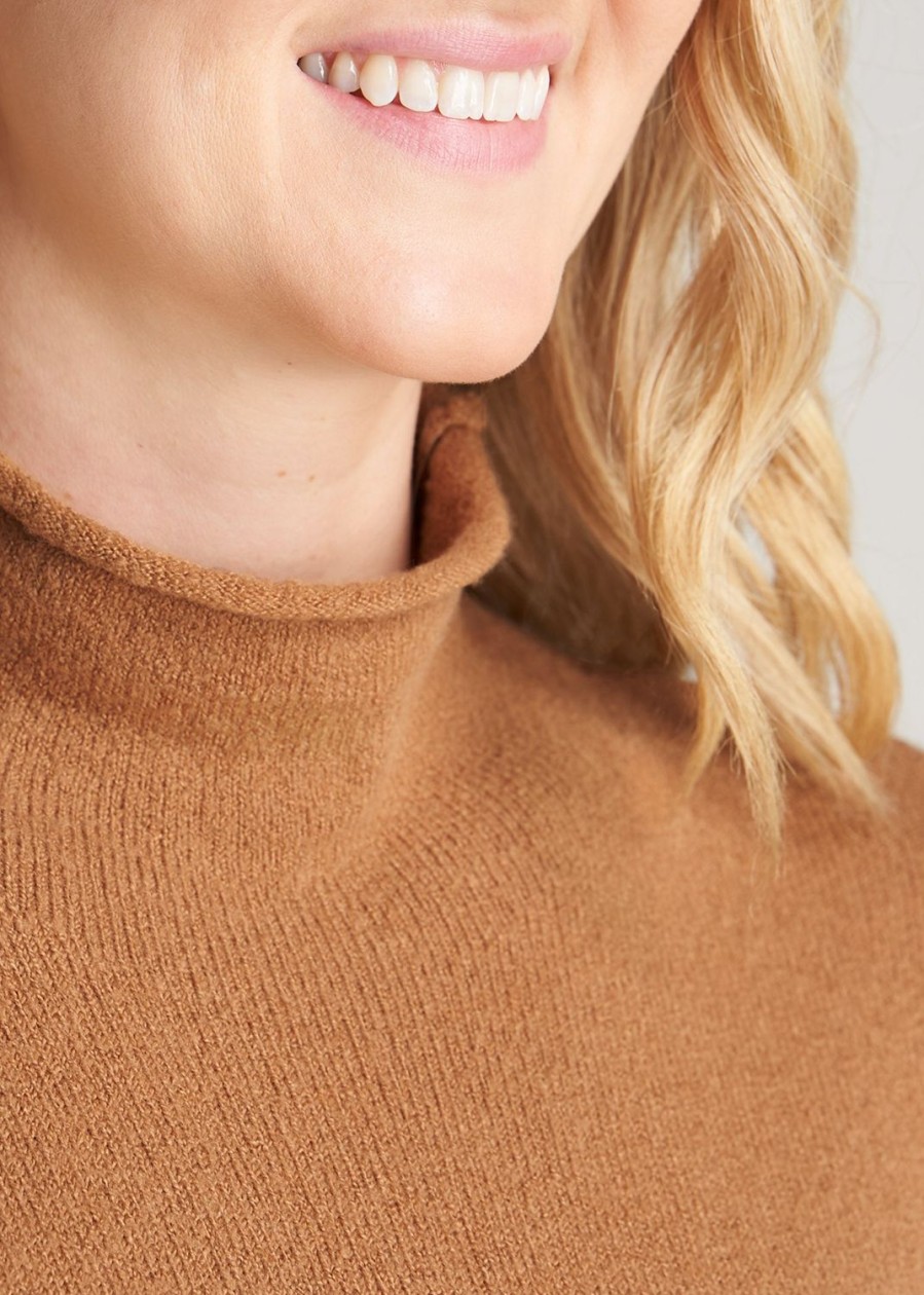 Women American Tall Sweaters | Women'S Tall Rolled Mock Neck Sweater In Caramel