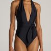 Women American Tall Swimwear | Plunging Halter Bathing Suit For Tall Women In Black