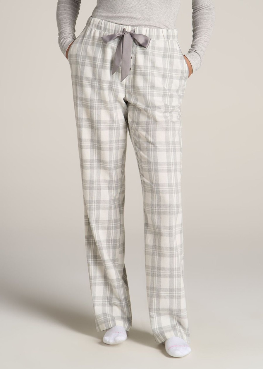 Women American Tall Athletic Pants | Open-Bottom Flannel Women'S Tall Pajama Pants In Heather Grey And White Plaid