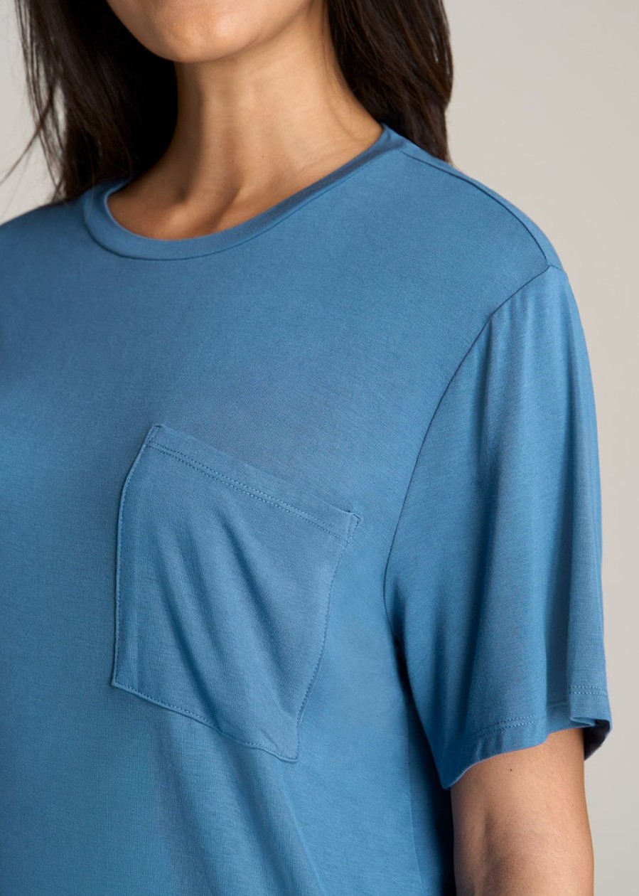 Women American Tall Tees, Tanks + Bodysuits | Short-Sleeve Oversized Crewneck Pocket T-Shirt For Tall Women In Serene Blue