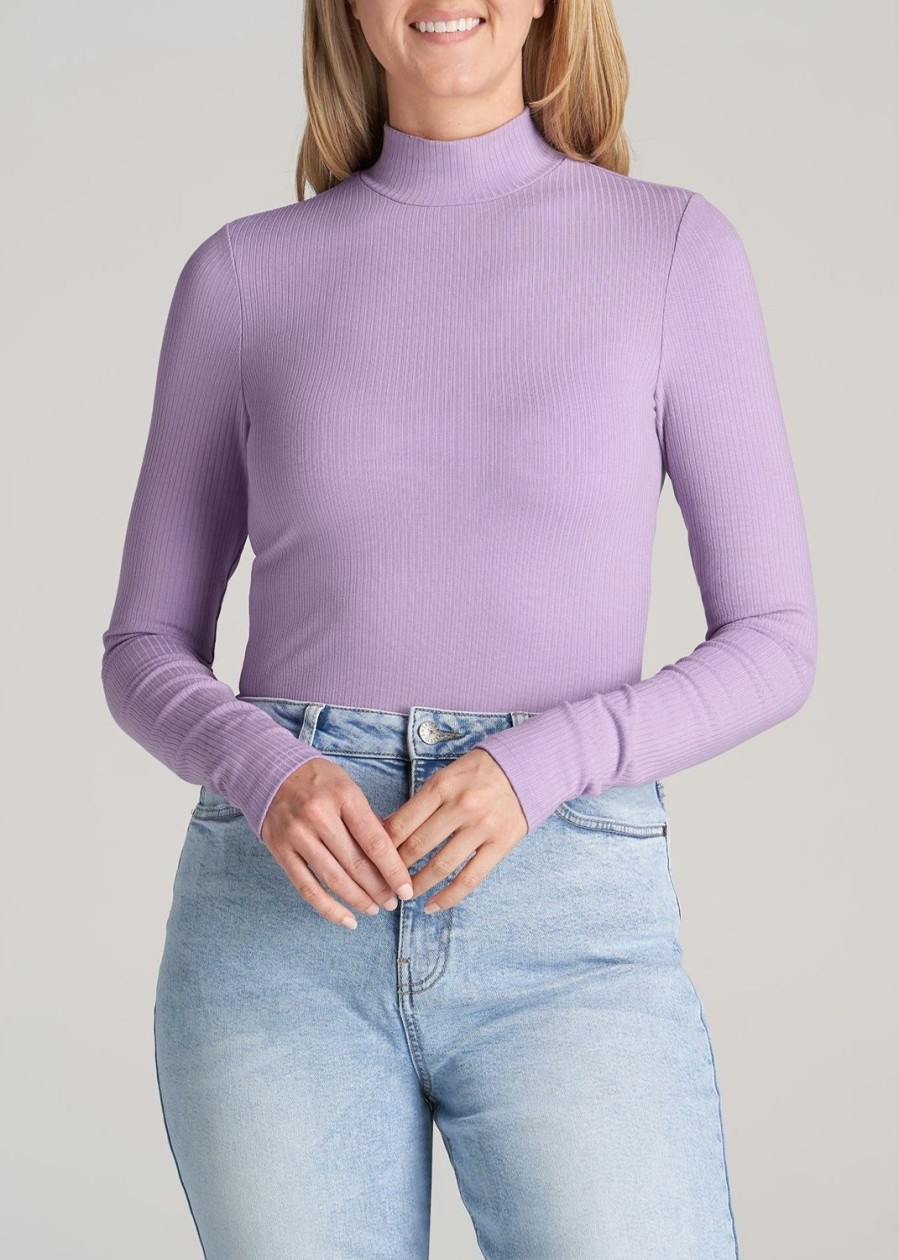 Women American Tall Long Sleeve Tees | Long Sleeve Mock Neck Ribbed Top For Tall Women In Lavender Frost