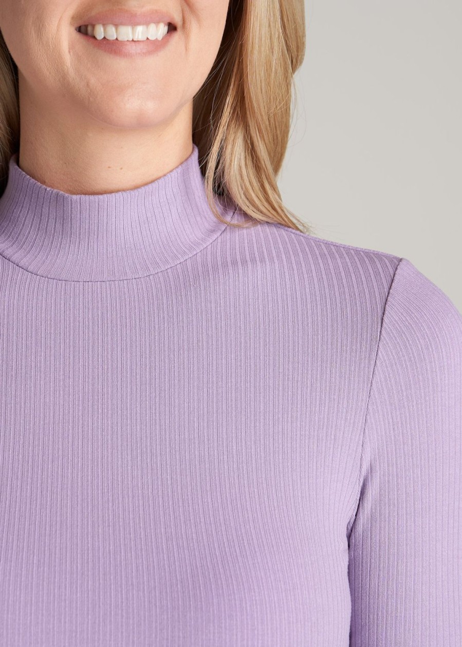 Women American Tall Long Sleeve Tees | Long Sleeve Mock Neck Ribbed Top For Tall Women In Lavender Frost