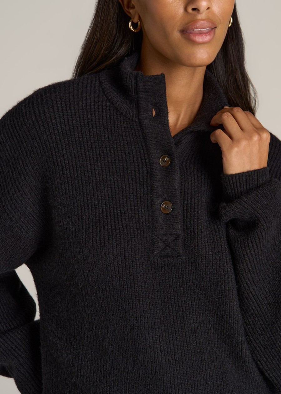 Women American Tall Sweaters | Button Front Mock Neck Sweater For Tall Women In Black