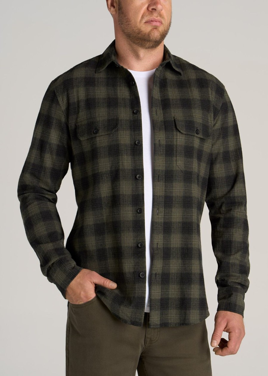 Men American Tall Button Shirts | Lj&S Men'S Tall Heavy Flannel Shirt In Army Plaid-Black & Surplus Green