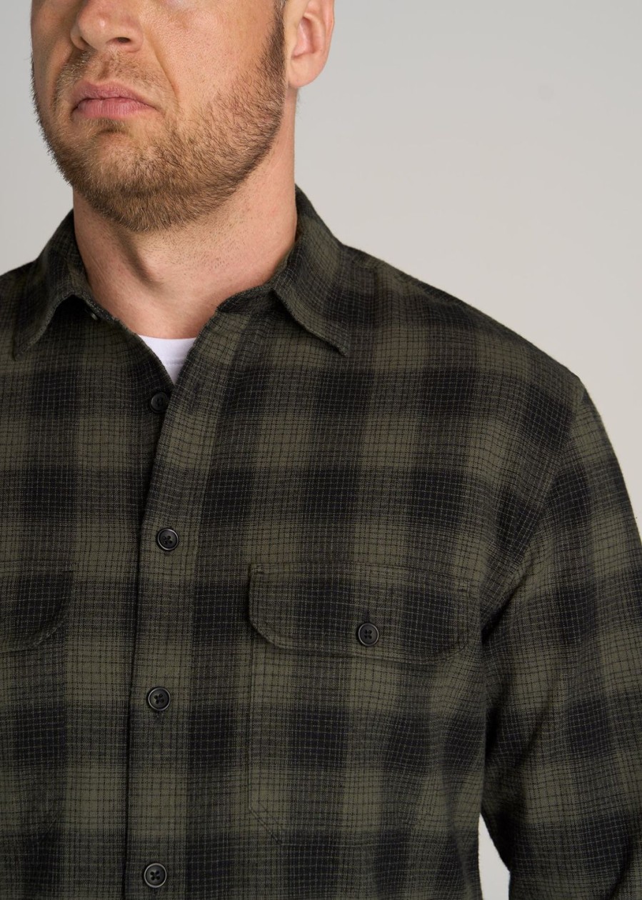 Men American Tall Button Shirts | Lj&S Men'S Tall Heavy Flannel Shirt In Army Plaid-Black & Surplus Green