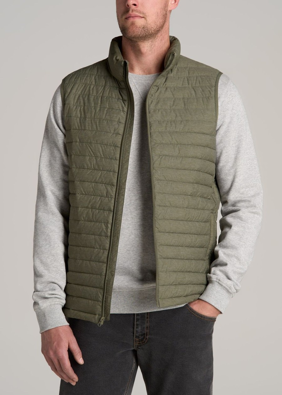 Men American Tall Jackets + Coats | Tall Men'S Packable Puffer Vest In Olive Space Dye