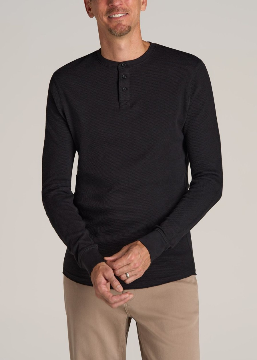 Men American Tall Long Sleeve Tees + Thermals | Double Honeycomb Thermal Long-Sleeve Henley Shirt For Tall Men In Black