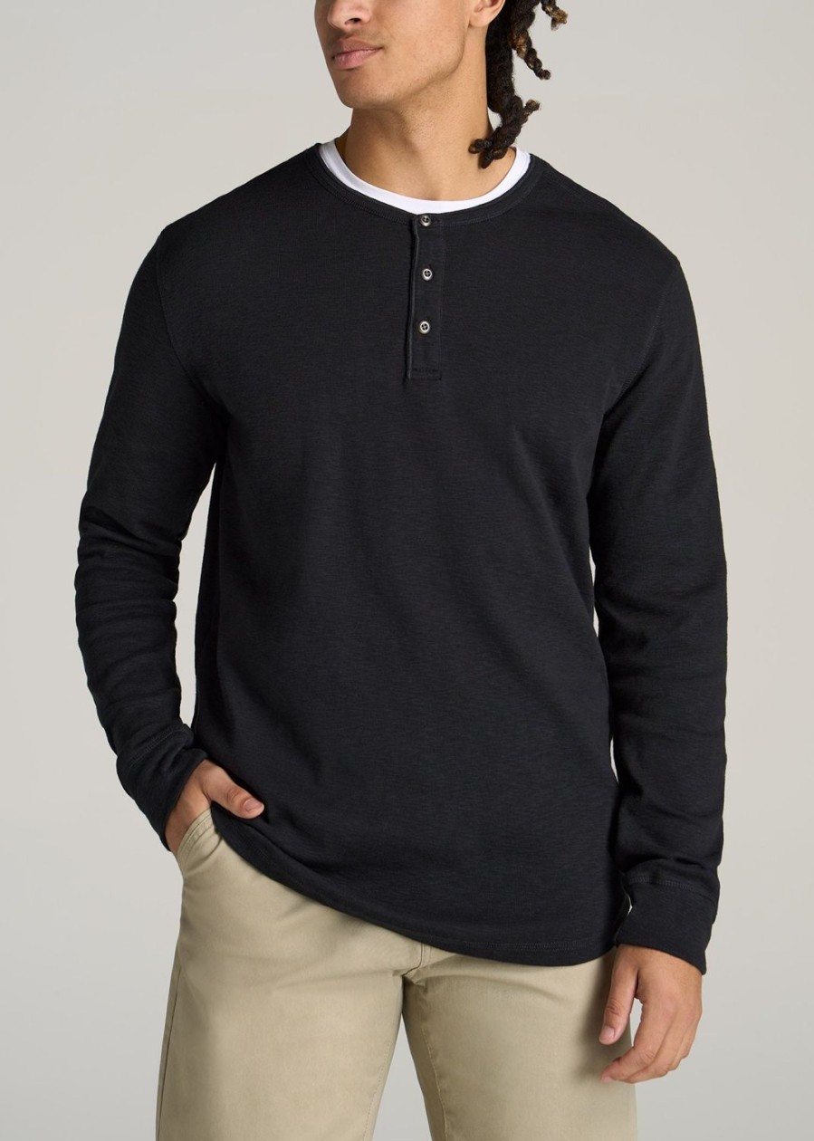 Men American Tall Long Sleeve Tees + Thermals | Heavy Slub Henley Shirt For Tall Men In Black