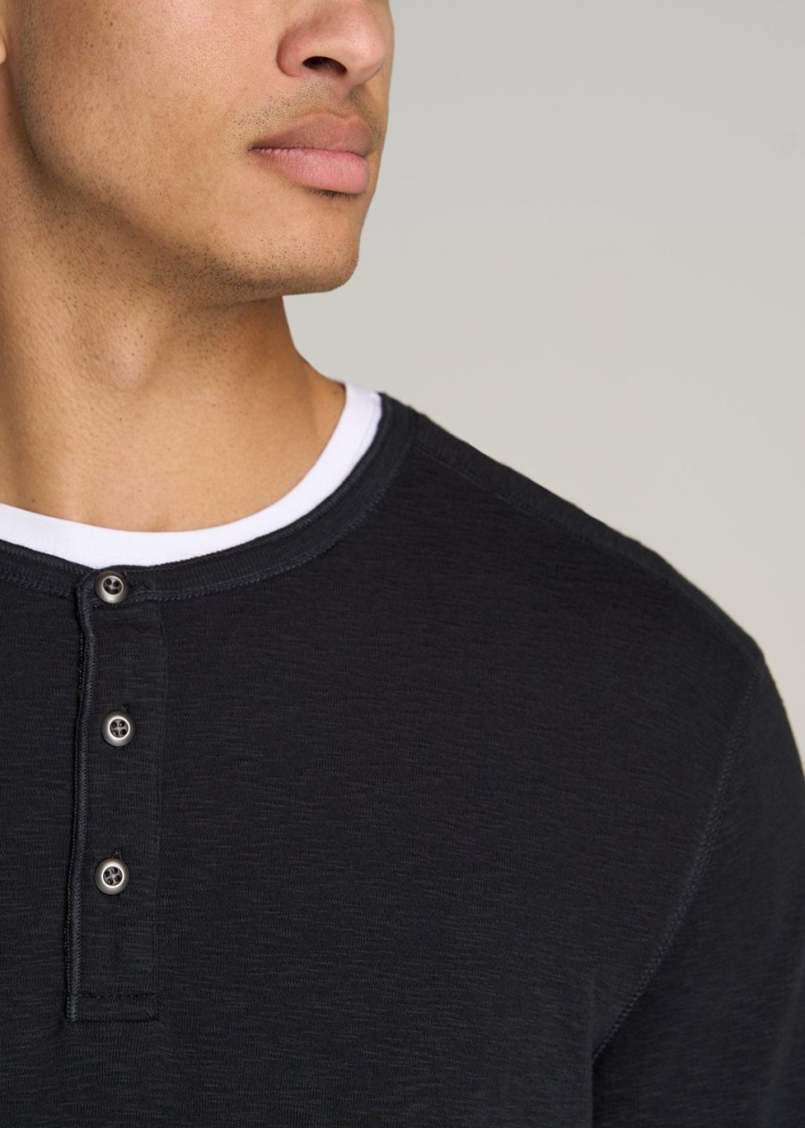 Men American Tall Long Sleeve Tees + Thermals | Heavy Slub Henley Shirt For Tall Men In Black