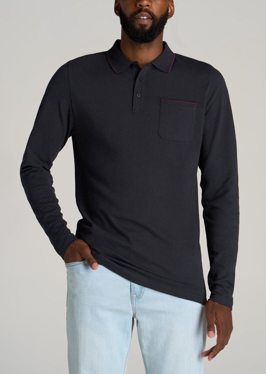 Men American Tall Long Sleeve Tees + Thermals | Long Sleeve Polo Shirt For Tall Men In Night Blue & Maroon