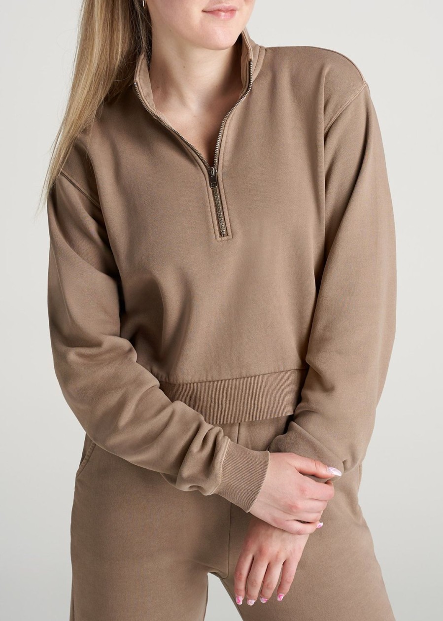 Women American Tall Hoodies + Sweatshirts | Wearever Fleece Cropped Garment Dye Half Zip Women'S Tall Sweatshirt In Latte