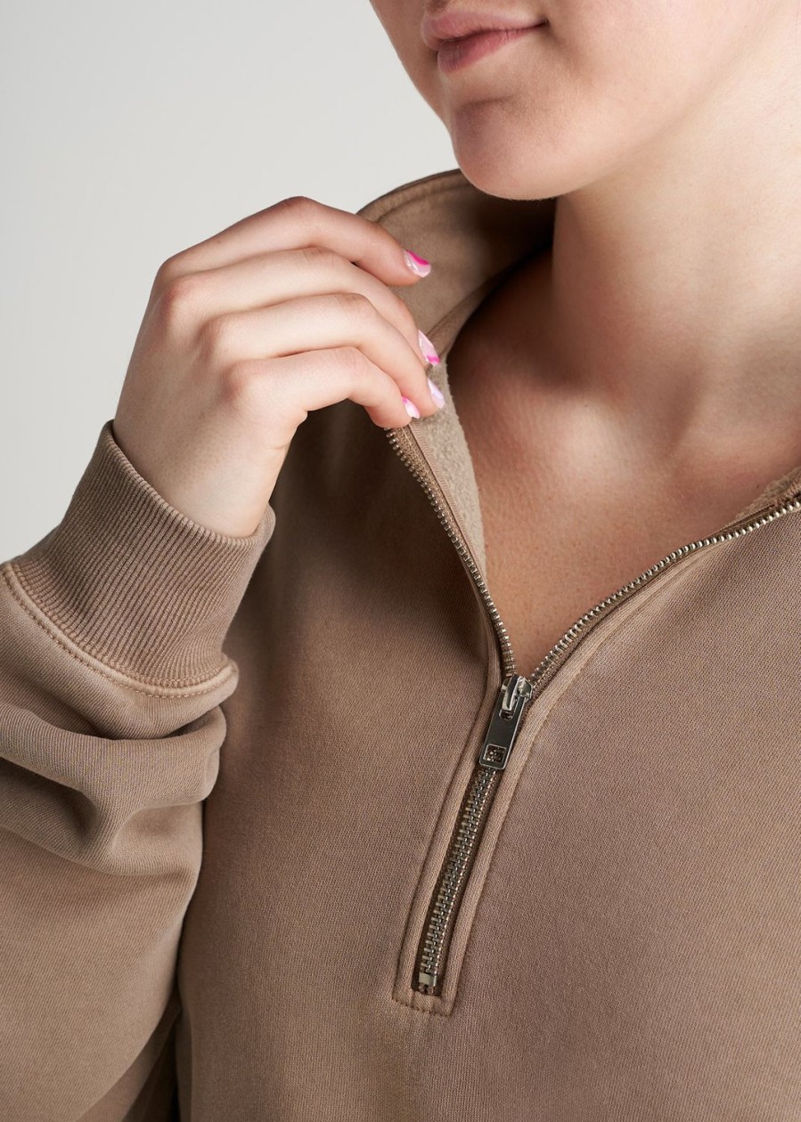 Women American Tall Hoodies + Sweatshirts | Wearever Fleece Cropped Garment Dye Half Zip Women'S Tall Sweatshirt In Latte