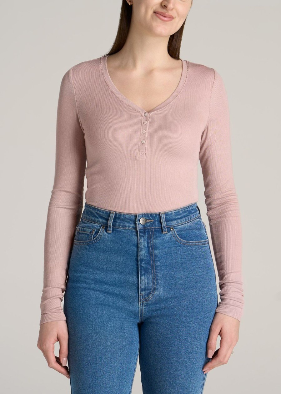 Women American Tall Long Sleeve Tees | Tall Women'S Fitted Ribbed Long Sleeve Henley In Ballerina Pink