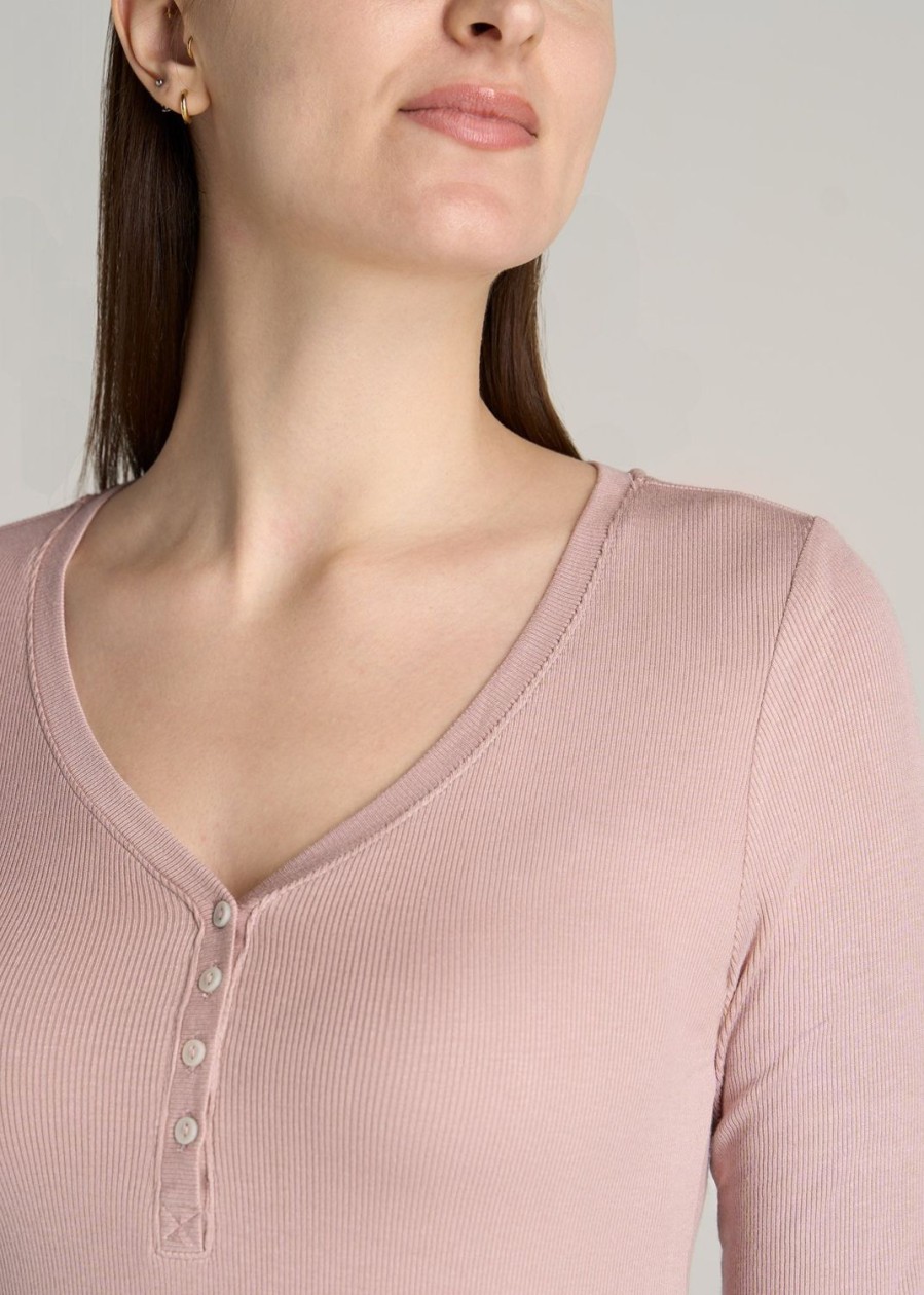 Women American Tall Long Sleeve Tees | Tall Women'S Fitted Ribbed Long Sleeve Henley In Ballerina Pink