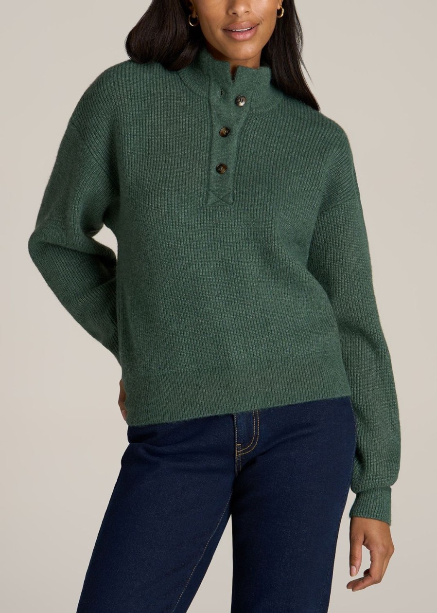 Women American Tall Sweaters | Button Front Mock Neck Sweater For Tall Women In Dusty Spruce