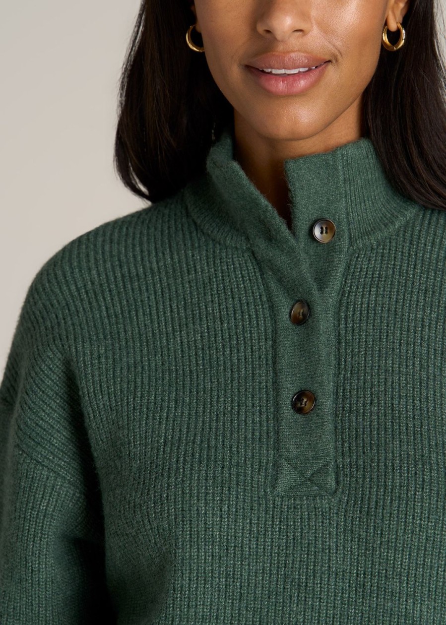 Women American Tall Sweaters | Button Front Mock Neck Sweater For Tall Women In Dusty Spruce