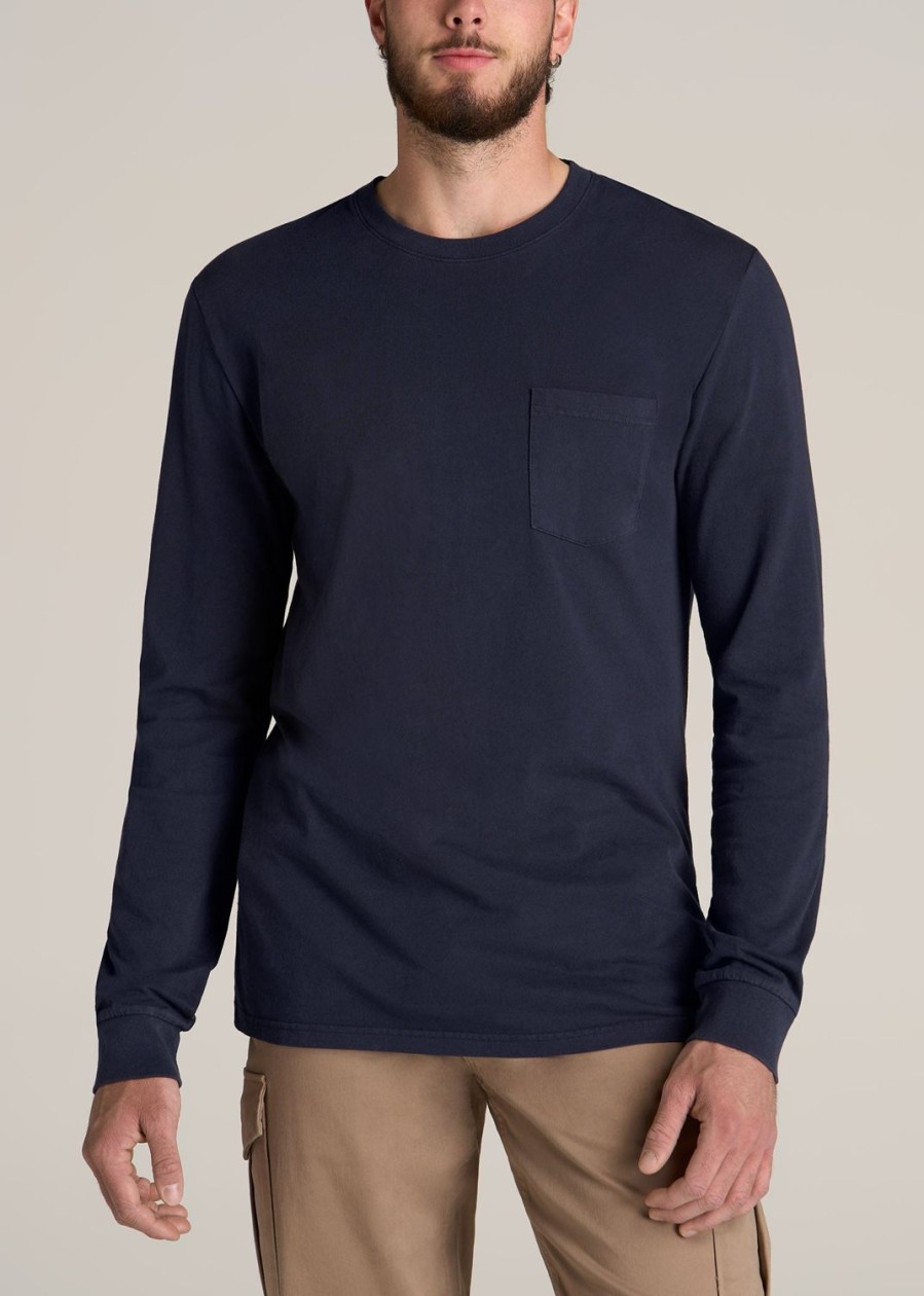 Men American Tall Long Sleeve Tees + Thermals | Garment Dyed Long Sleeve Pocket Tall Men'S Tee In Evening Blue