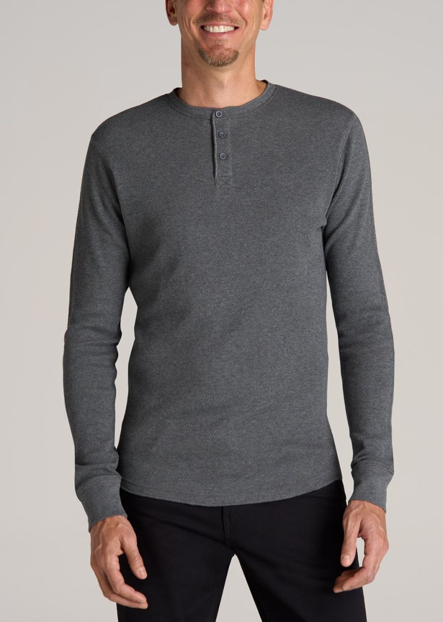 Men American Tall Long Sleeve Tees + Thermals | Double Honeycomb Thermal Long-Sleeve Henley Shirt For Tall Men In Charcoal Mix