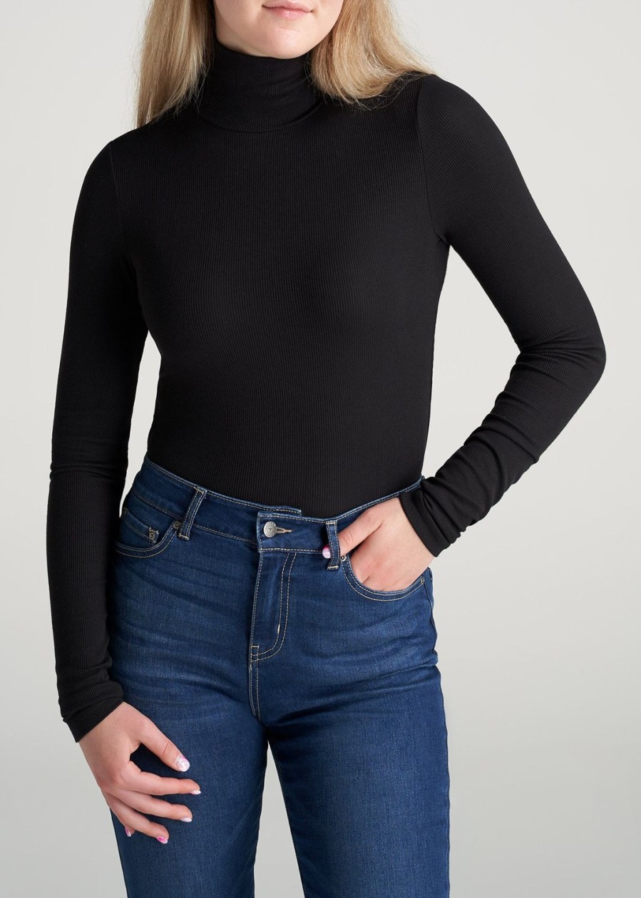 Women American Tall Long Sleeve Tees | Tall Women'S Fitted Long Sleeve Ribbed Turtleneck Tee In Black