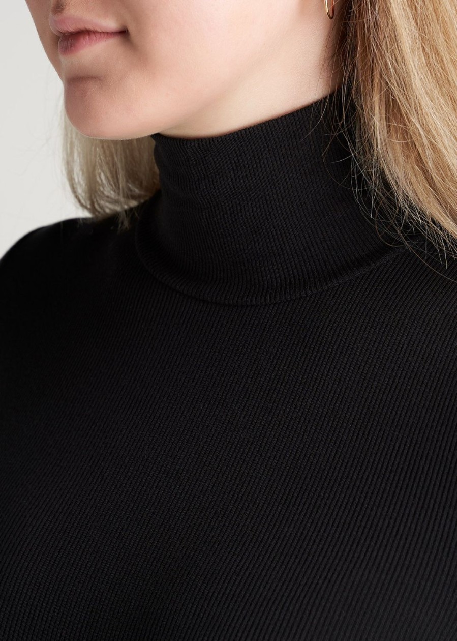 Women American Tall Long Sleeve Tees | Tall Women'S Fitted Long Sleeve Ribbed Turtleneck Tee In Black