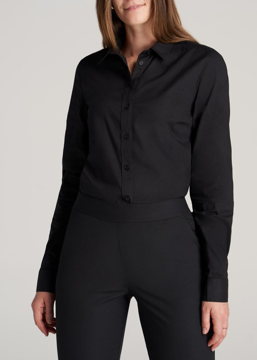 Women American Tall Shirts + Tops | Button-Up Dress Shirt For Tall Women In Black