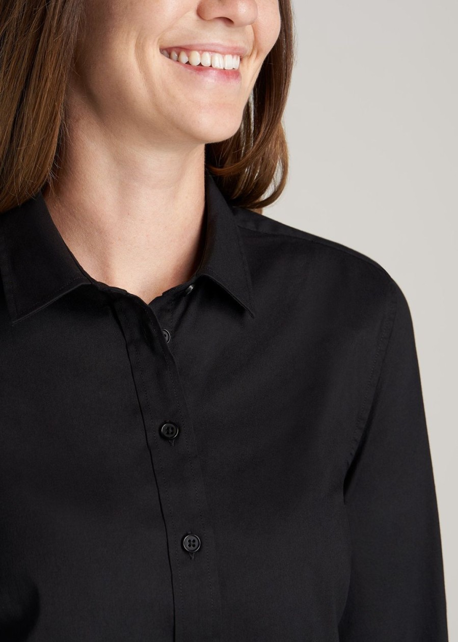 Women American Tall Shirts + Tops | Button-Up Dress Shirt For Tall Women In Black